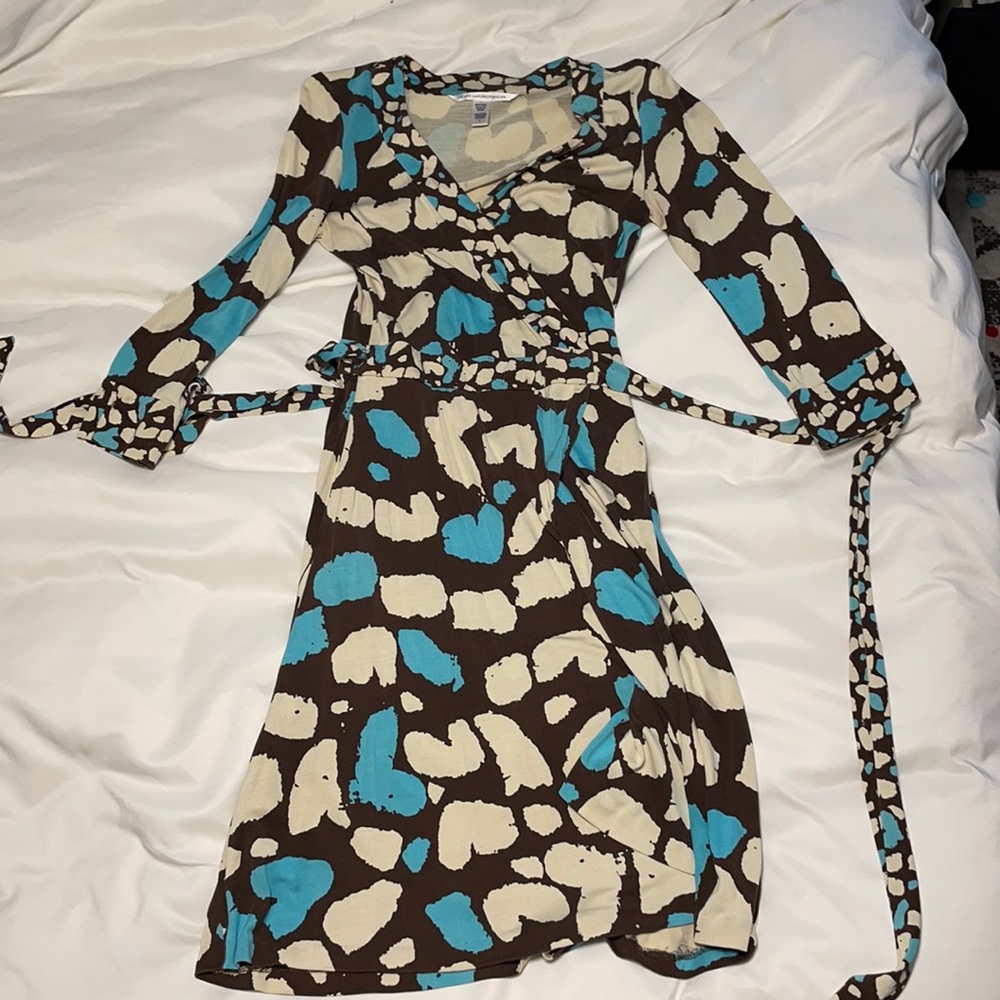 Diane Von Furstenberg Brown/Teal Wrap Dress Size 6